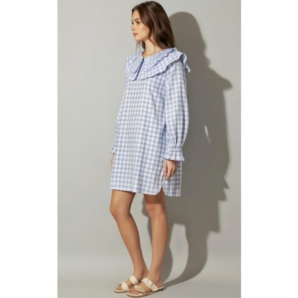 Hill House Colette Blue Jacquard Check Ruffle Long Sleeve Mini Dress, XS - Picture 2 of 14